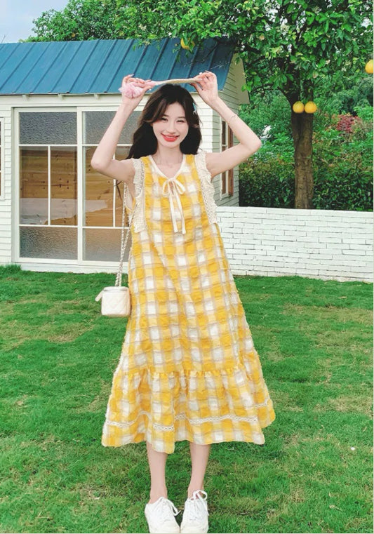 옐로 체크 베스트 원피스