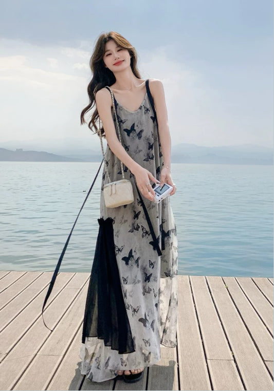 버터플라이 슬리브리스 원피스