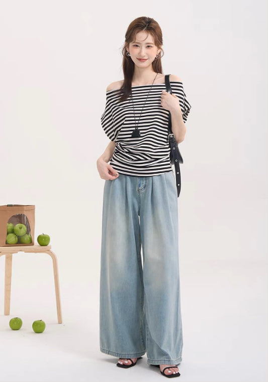 스트라이프 오프숄더 탑