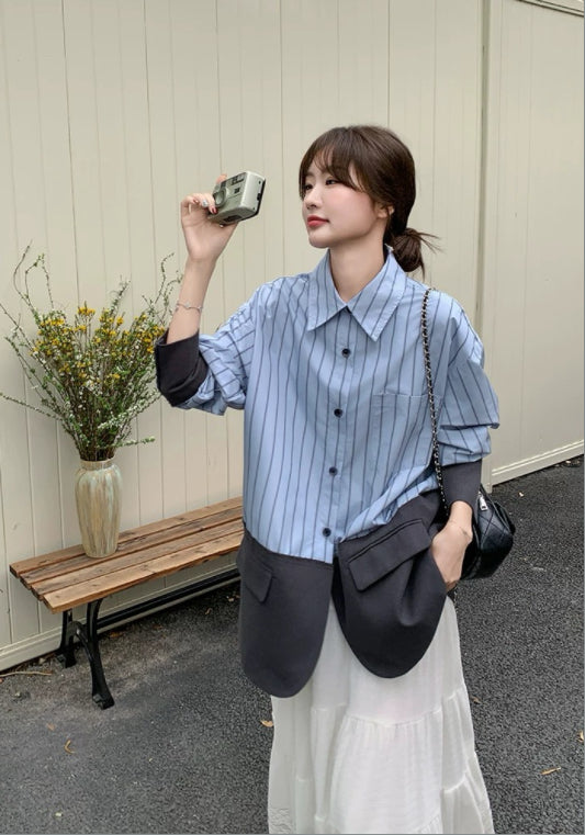 스트라이프 셔츠 배색 자켓