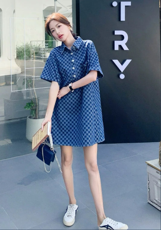 블루 체크 데님 스커트