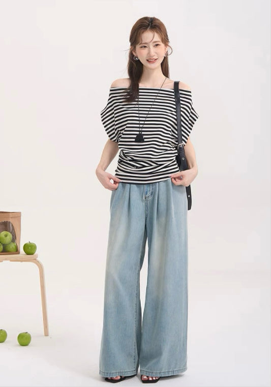 스트라이프 오프숄더 탑