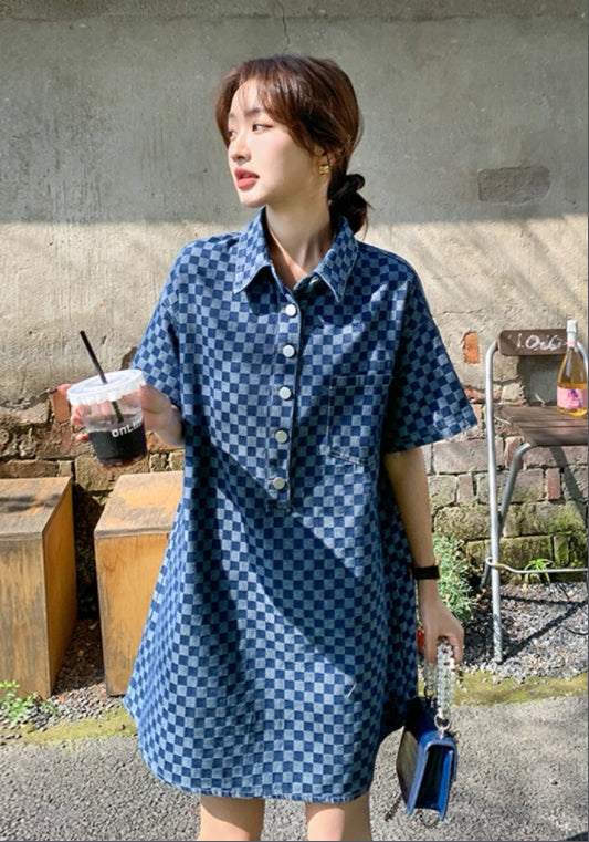 블루 체크 데님 스커트