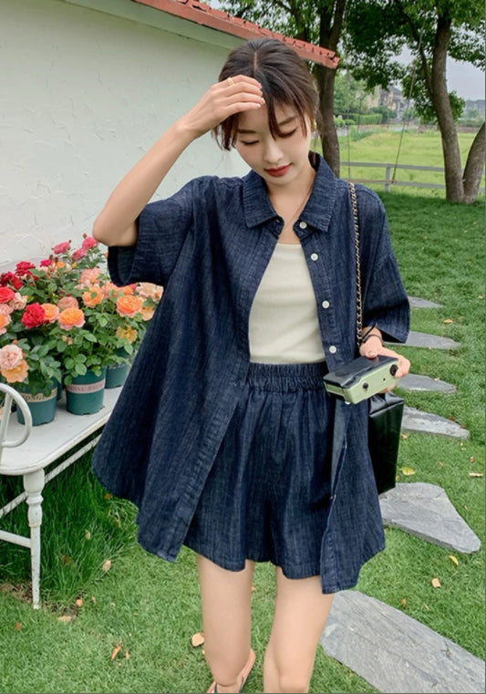 크롭 데님 자켓＋쇼츠 세트업