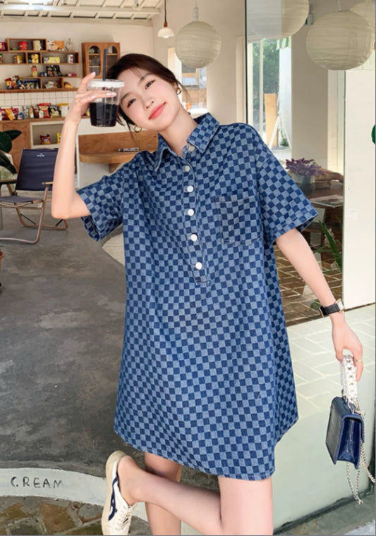 블루 체크 데님 스커트