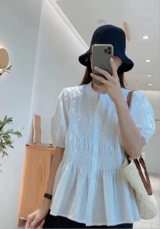 퍼프소매 셔링 블라우스