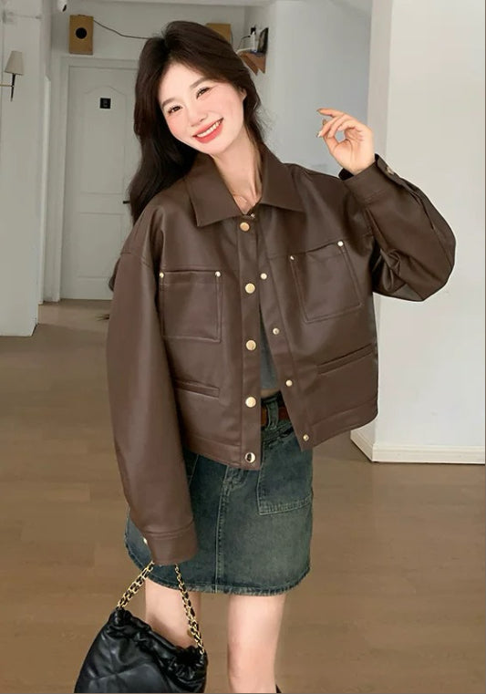 브라운 PU 가죽 자켓