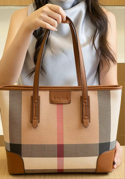 배색 체크 토트백