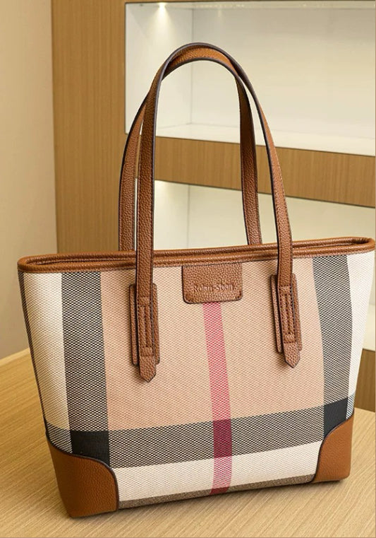 배색 체크 토트백