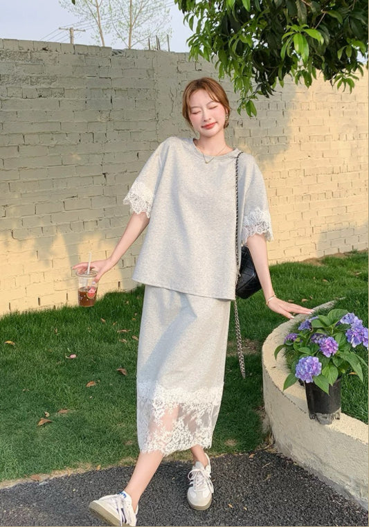 레이스 배색 맨투맨 세트업