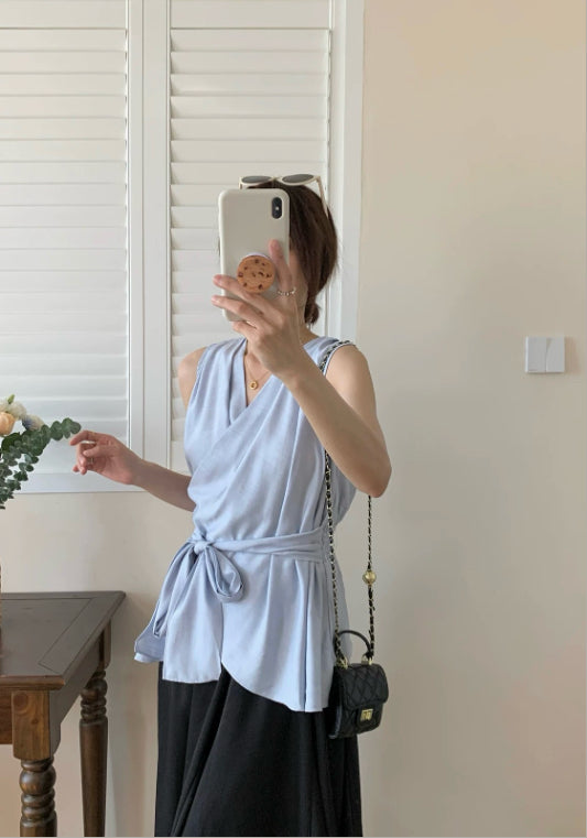 아이스 실크 크로스 넥 탑