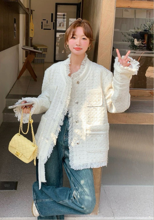 아이보리 트위드 스타일 술 장식 자켓