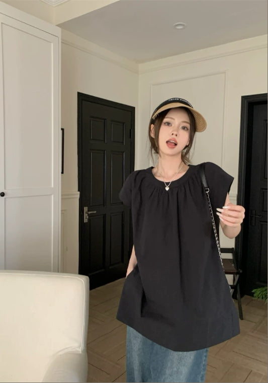블랙 러플 소매 루즈핏 탑