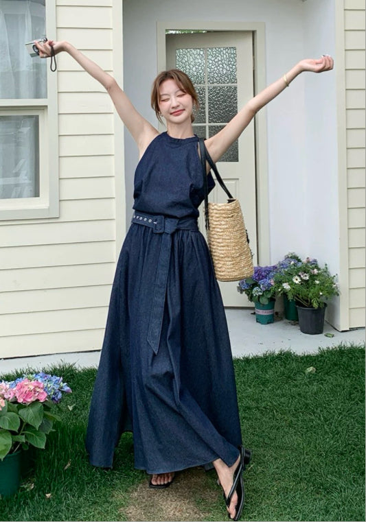 홀터넥 데님 스커트