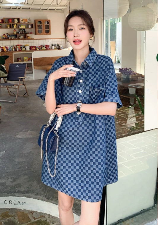 블루 체크 데님 스커트