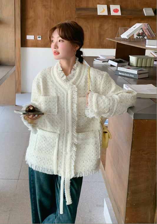 아이보리 트위드 스타일 술 장식 자켓