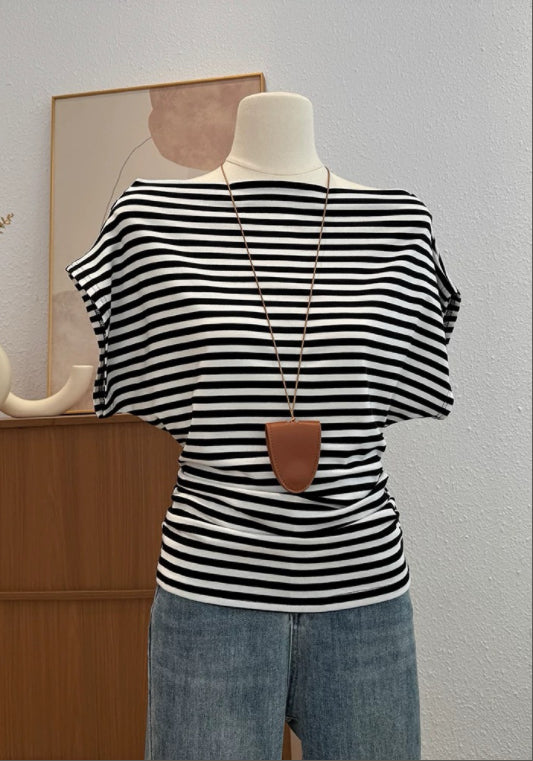 스트라이프 오프숄더 탑