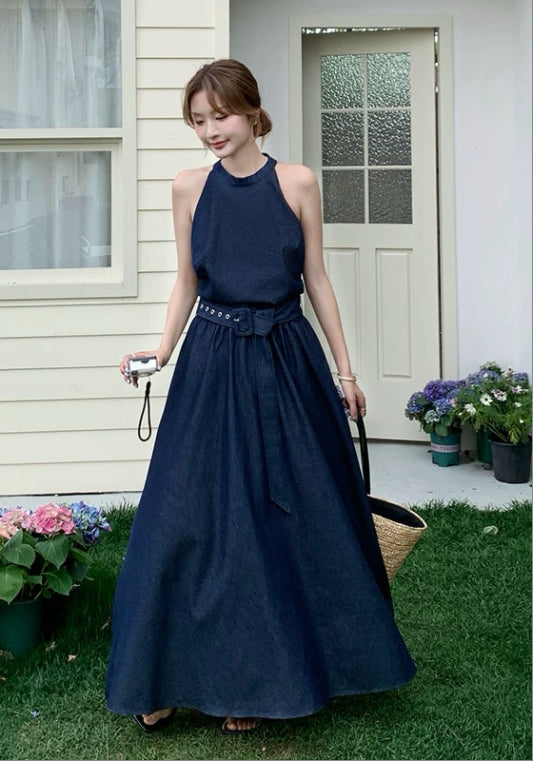 홀터넥 데님 스커트