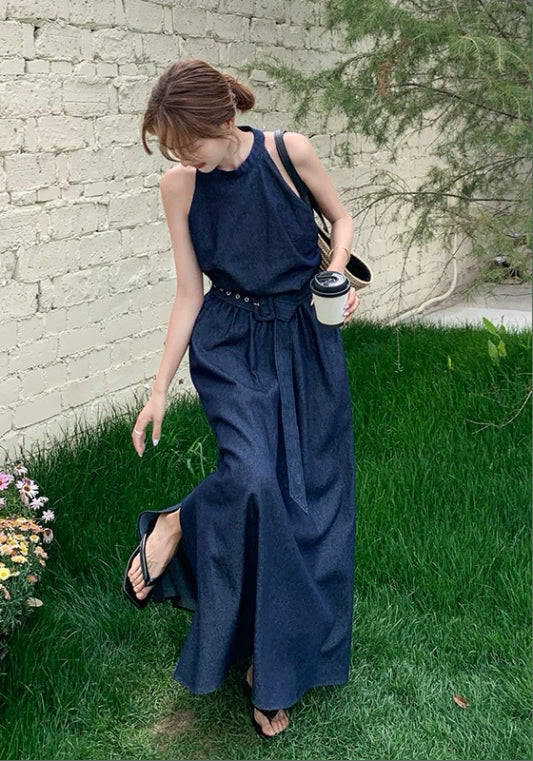 홀터넥 데님 스커트