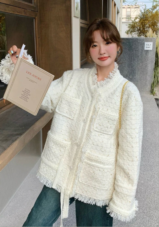 아이보리 트위드 스타일 술 장식 자켓