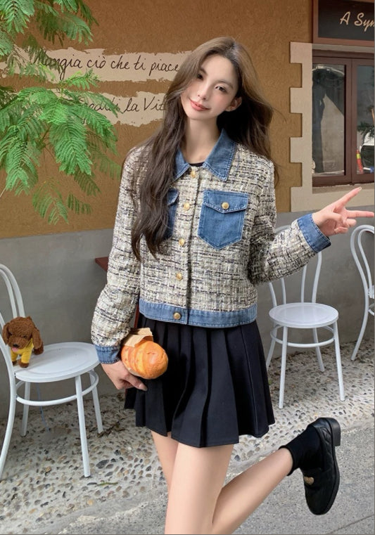 트위드 데님 배색 자켓