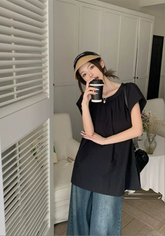 블랙 러플 소매 루즈핏 탑