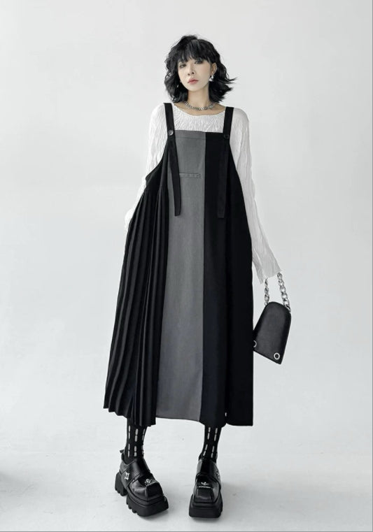 블랙 그레이 배색 멜빵 원피스