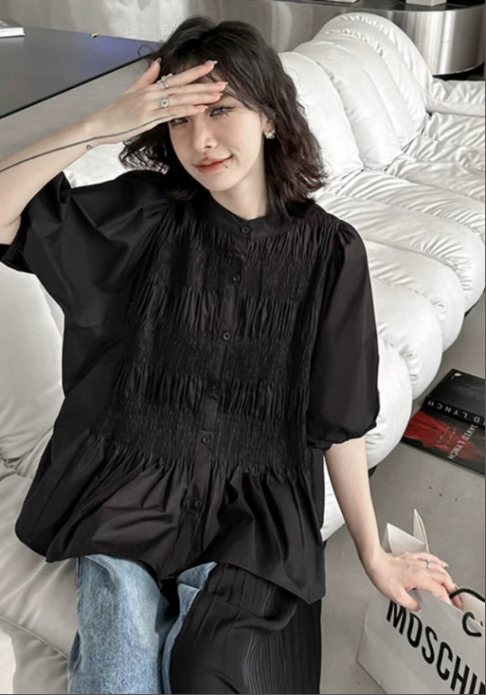 퍼프소매 셔링 블라우스