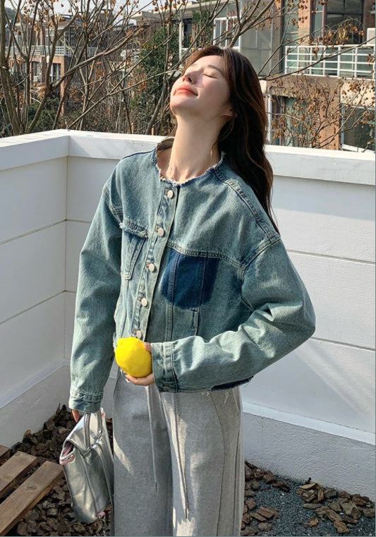 배색 데님 자켓