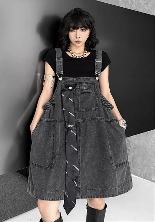 그레이 데님 멜빵 원피스