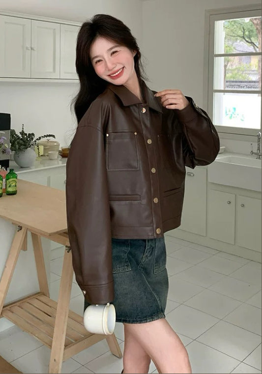 브라운 PU 가죽 자켓