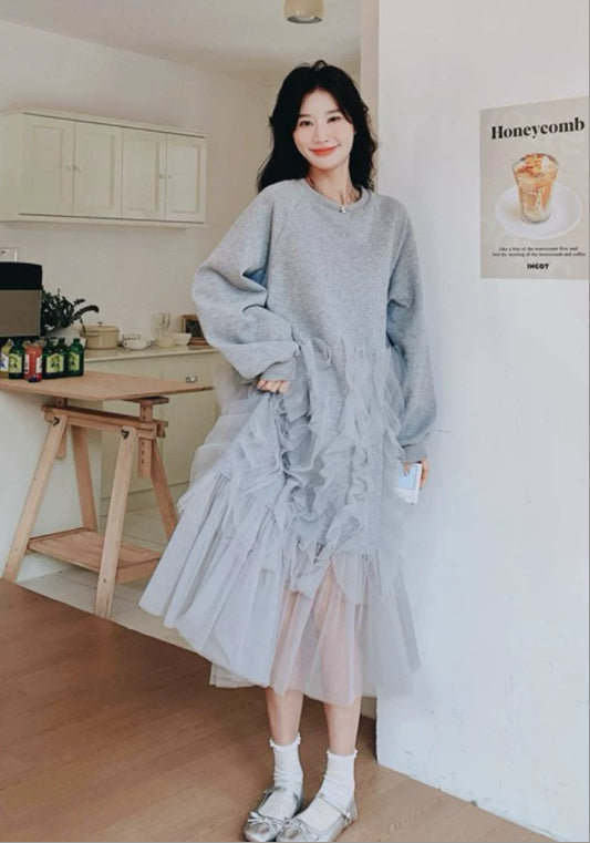 메쉬 배색 맨투맨 원피스