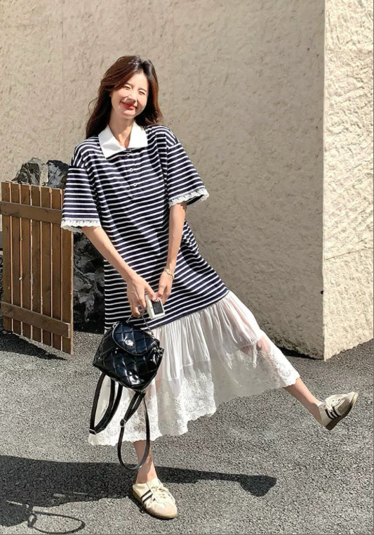 스트라이프 레이스 배색 스커트