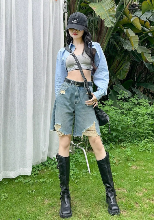 디스트로이드 데님 하프 팬츠