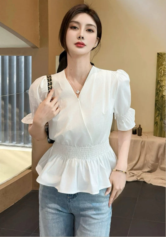 퍼프소매 허리 조절 셔츠