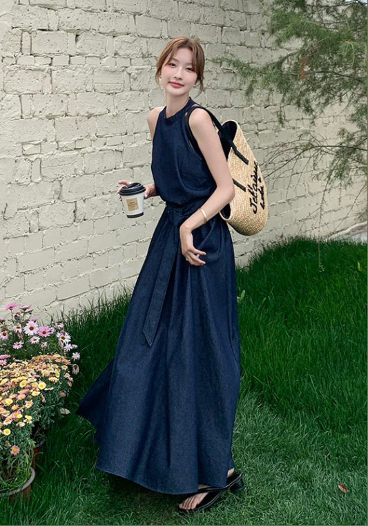 홀터넥 데님 스커트