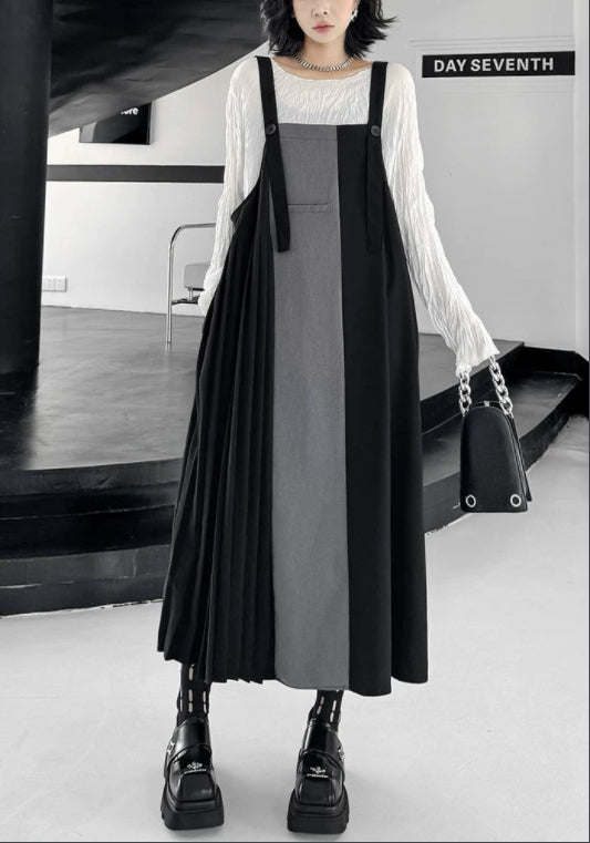 블랙 그레이 배색 멜빵 원피스