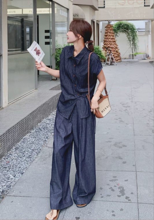 사선 버튼 데님 세트업