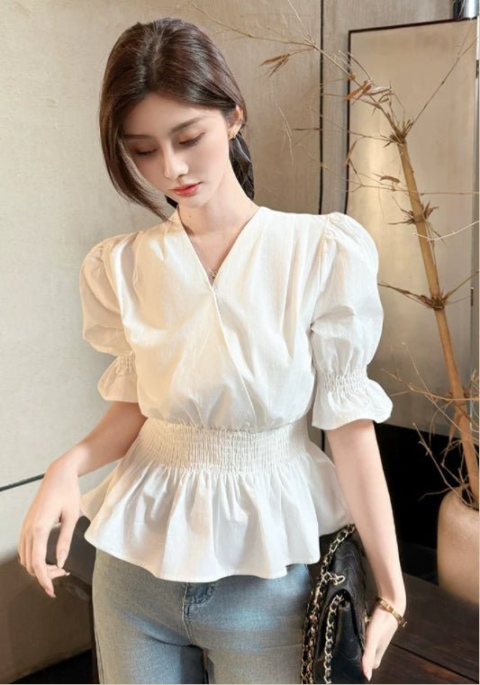 퍼프소매 허리 조절 셔츠