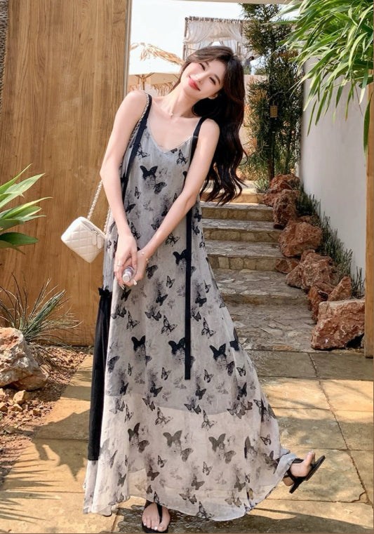 버터플라이 슬리브리스 원피스