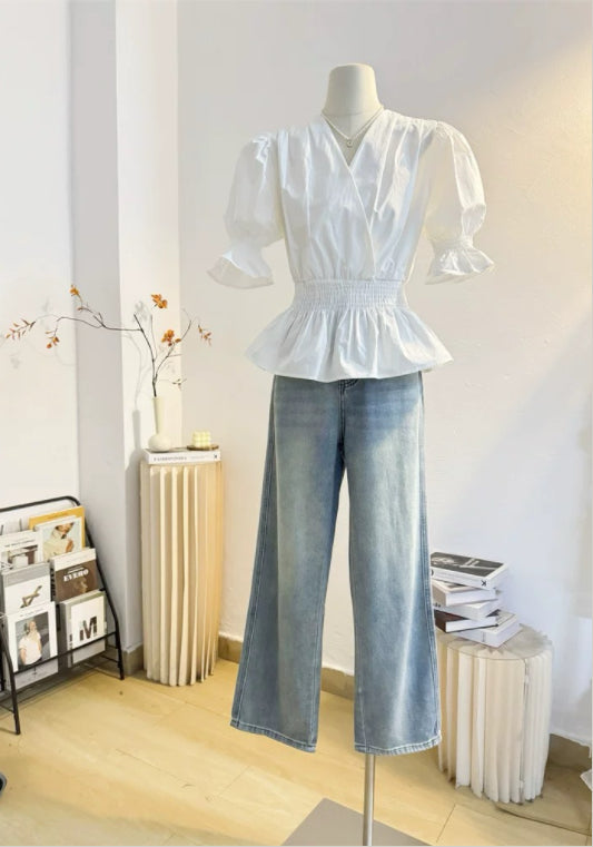 퍼프소매 허리 조절 셔츠