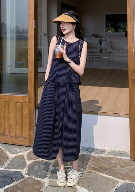 스트라이프 민소매 세트업