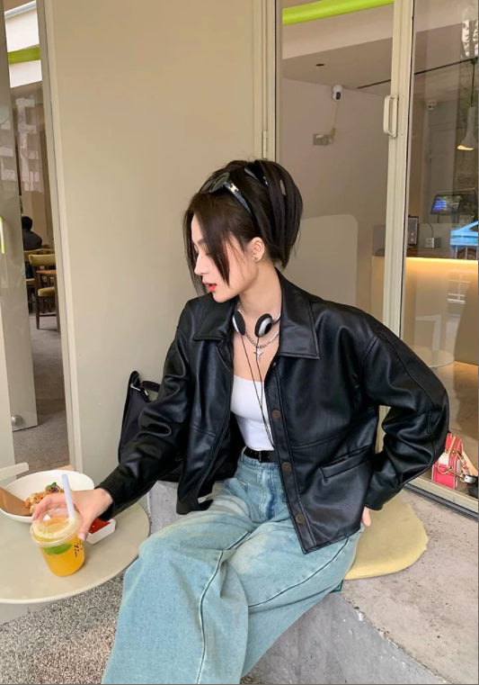 블랙 PU 가죽 자켓